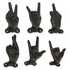Set of 6 Cast Iron Wall Hooks, Hand Gestures, Black Finish, For Keys  Towels