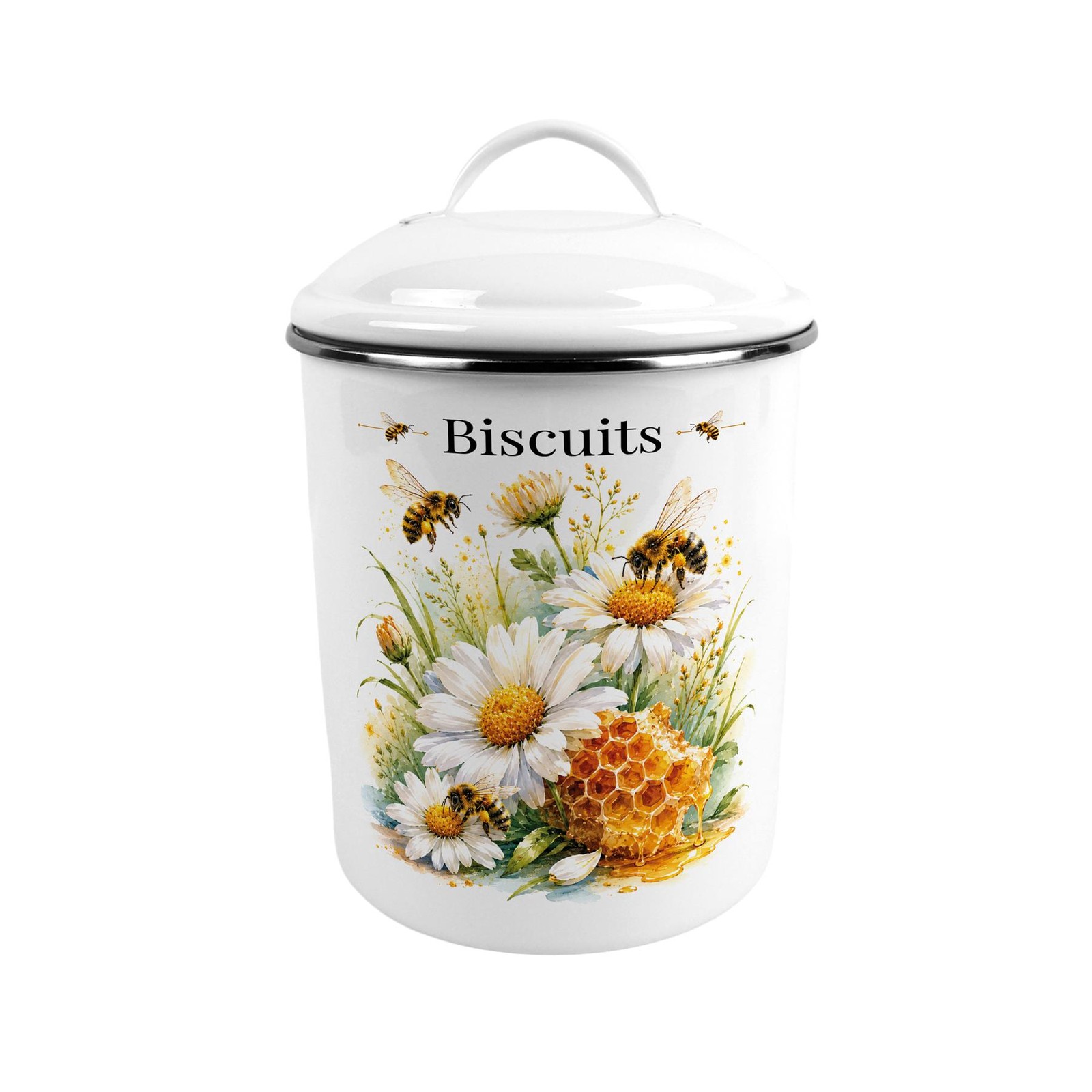 Daisy Bees Biscuit Tin - Large Floral Kitchen Storage Canister with Handle