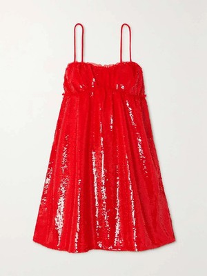 ganni ruffle trimmed sequined georgette mini dress NWOT Ganni Ruffle Trim Red Sequin Babydoll Mini Dress US 6 Designer Boho  Holiday