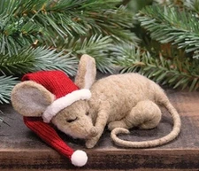 NEW Primitive SLEEPING MOUSE CHRISTMAS SANTA HAT ORNAMENT Felted 2"Tx5.25"Wx4"D