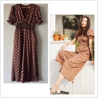 Anthropologie Hutch Smocked Polka Dot Wide Leg Jumpsuit Romper Women s 2 READ!