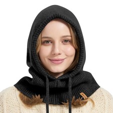 ACUSHLA 100 Merino Wool Balaclava Women Men Winter Hat Hooded Scarf,Black