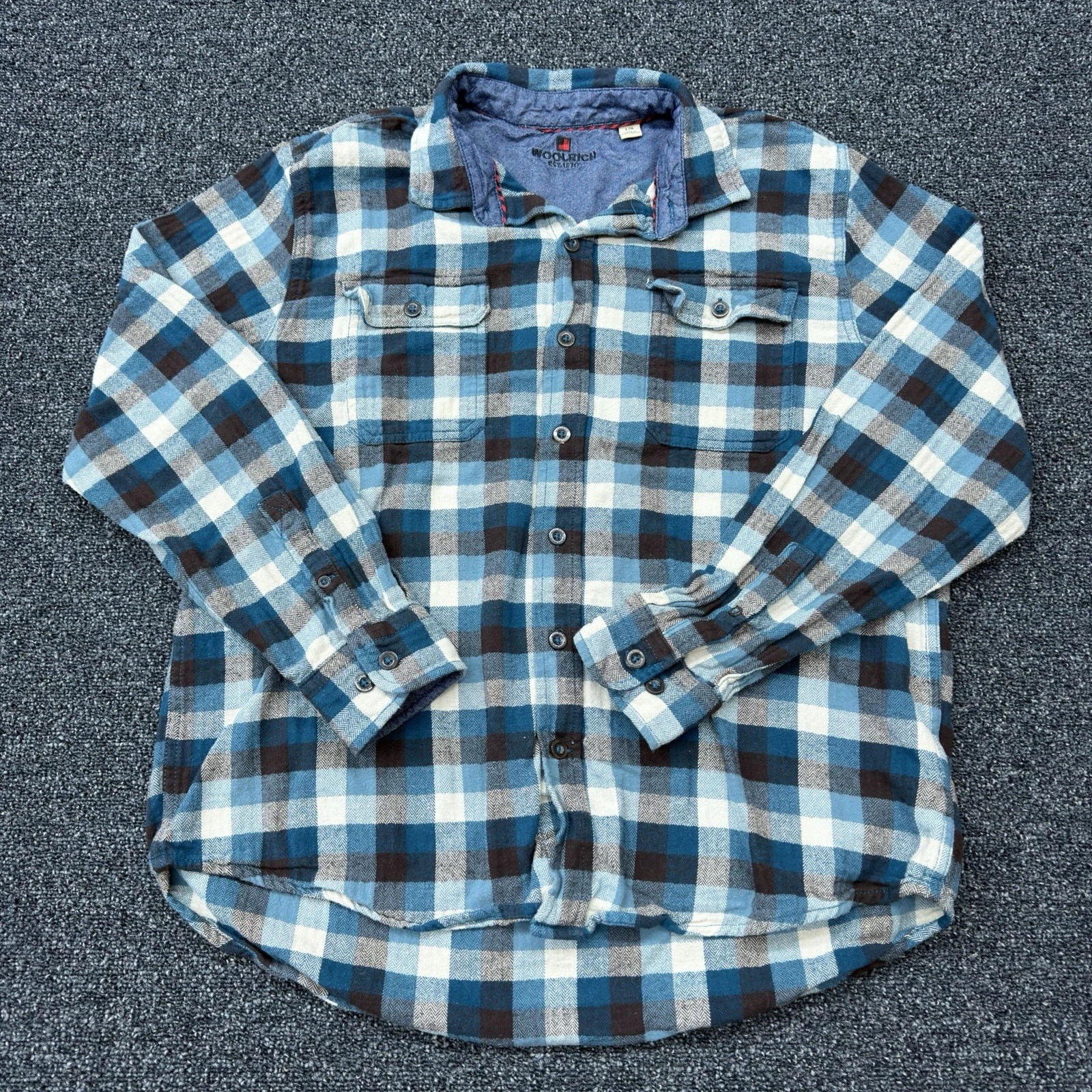 Woolrich Plaid Flannel Shirt Mens Large L Blue Teal ButtonUp 2 Pocket Outdoor LS
