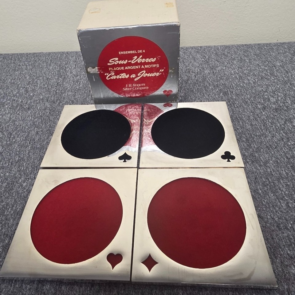Silver-plated poker/card-game themed coasters from F.B. Rogers — rare barware that doubles as a collectible for the card shark or whiskey-night host.