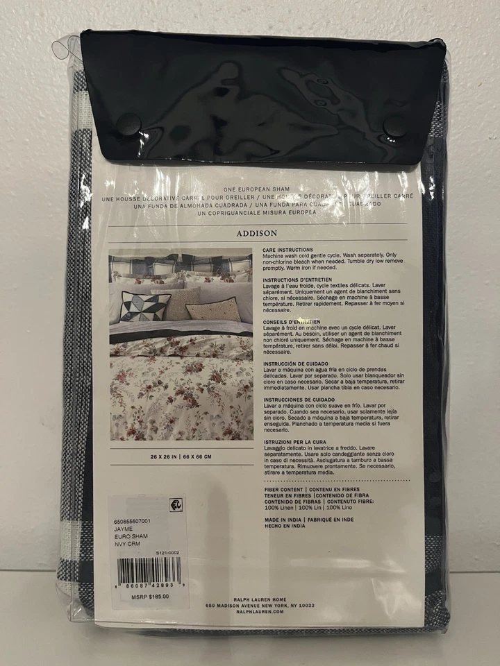 NUEVO Ralph Lauren Home Addison Cuadros Jayme Euro Sham 100% Lino Azul Marino y Crema Foto 2 de 3