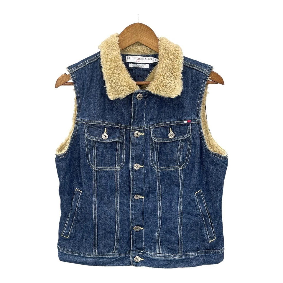 Tommy Hilfiger Sherpa Forrado Denim Chaleco Mujer Y2K Azul Retro Chaqueta Preppy Talla M Foto 3 de 4