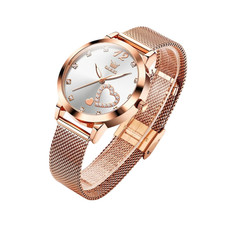 OLEVS Damen Uhr Quarz 36mm Mesh Edelstahl Wasserdicht Luminous Herz Design