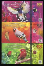 SET Atlantic Forest 100-200-500 Aves Dollars 2024, Blue Magpie, Waxwing, Finch F