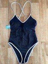 Dorina High Leg Swimsuit XL 16 Black White Tummy Control Padded Cross Back BNWT