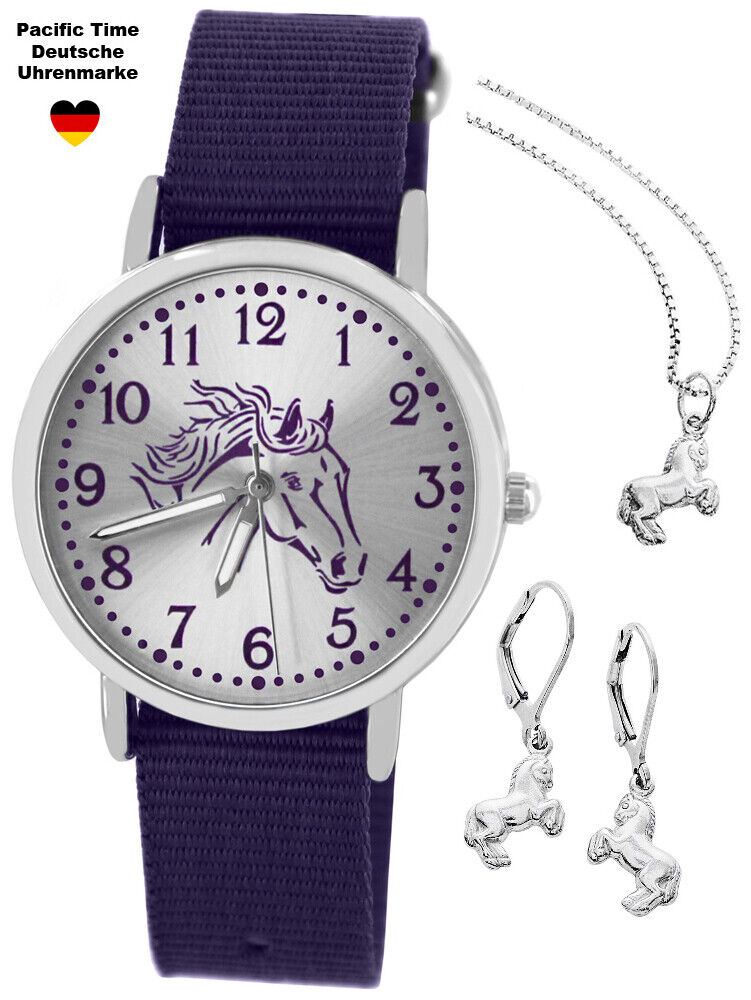 Armbanduhr Kinder Mädchen Pferd violett Kette Ohrringe 925er Silber analog Quarz