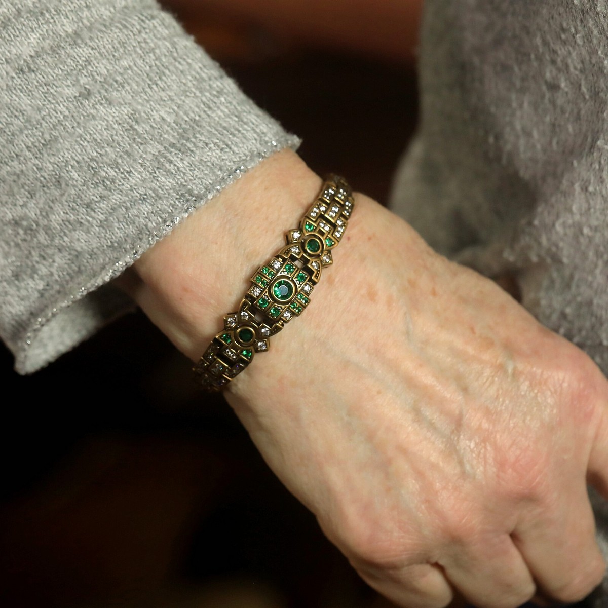 Bracelet Doré Style Art Déco Années 1920 - Motif Floral Avec Strass Bleu - Neuf Sans Emballage
