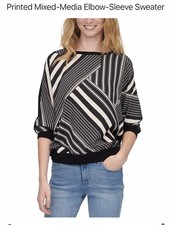 DKNY Printed Mix Media Elbow Sleeve Sweater XS