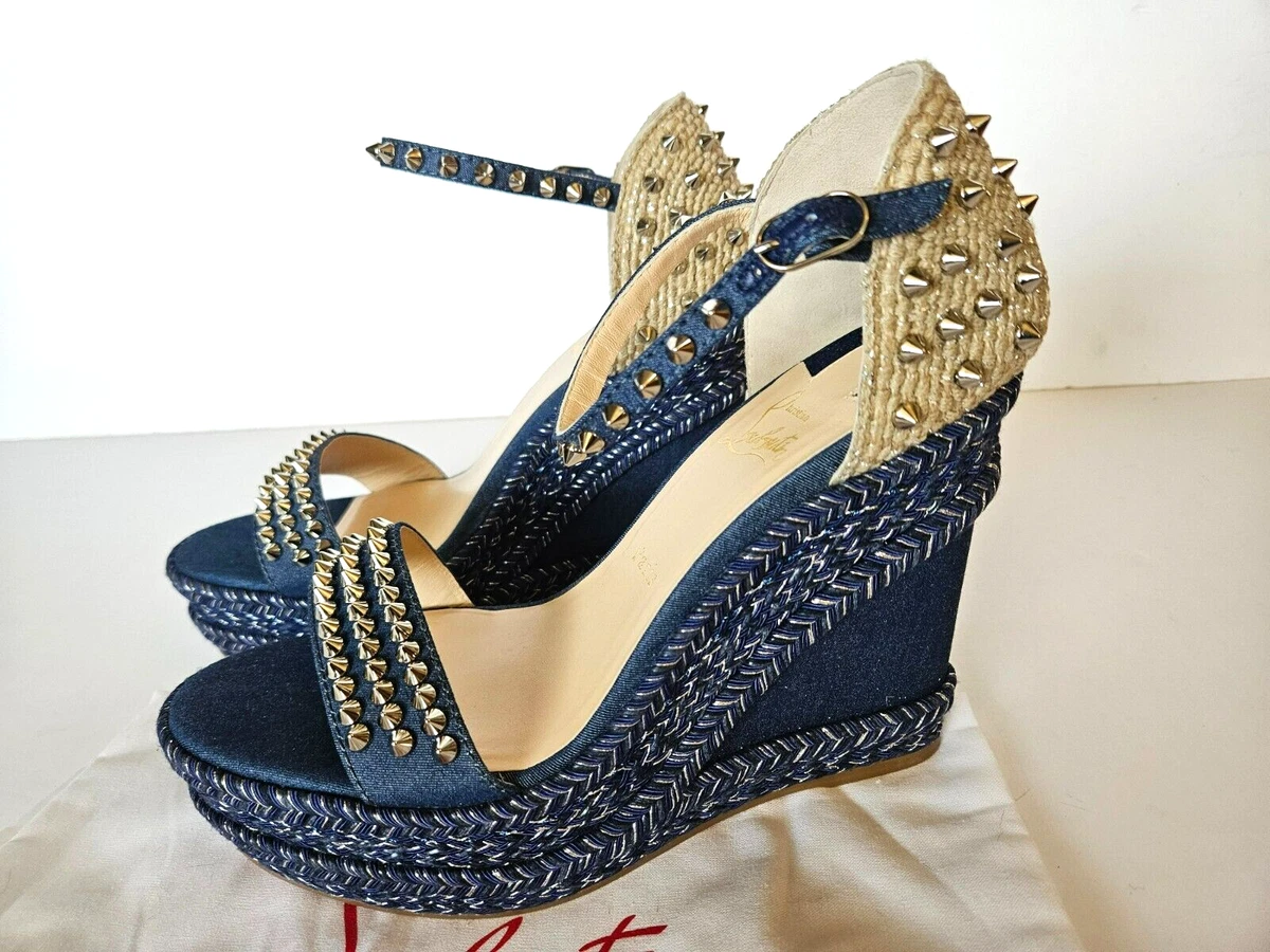 CHRISTIAN LOUBOUTIN Madmonica Denim Spike Wedge Espadrille Sandal Eur 40/US10