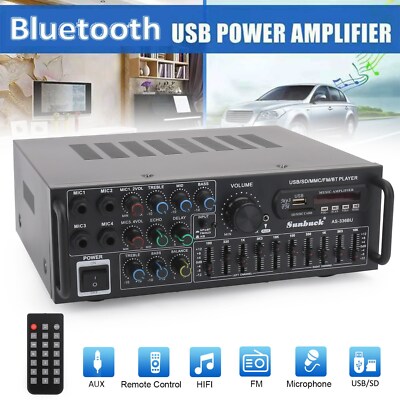 Bluetooth 5.0 HiFi Sunbuck 2000W Stereo Power Amplifier Karaoke FM USB SD AUX..