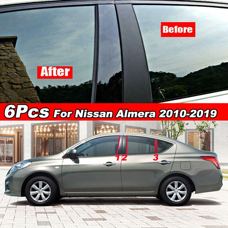6Pcs Gloss Black Pillar Posts Window Trim Decal Cover For Nissan Versa 2012-2019 — 第 3/4 张图片