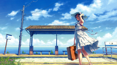 Anime girls sea sky dress windy suitcase utility pole Custom Gaming Mat Desk
