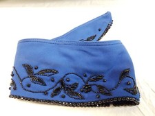 Vintage Accessories 33" Beaded Blue Fabric Collar Scarf Belt Sash Black Beadwork