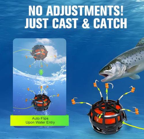Reverse Bottom Bait Cage,360° Floating Bait Cage Fishing Hook,6-Hook Reverse