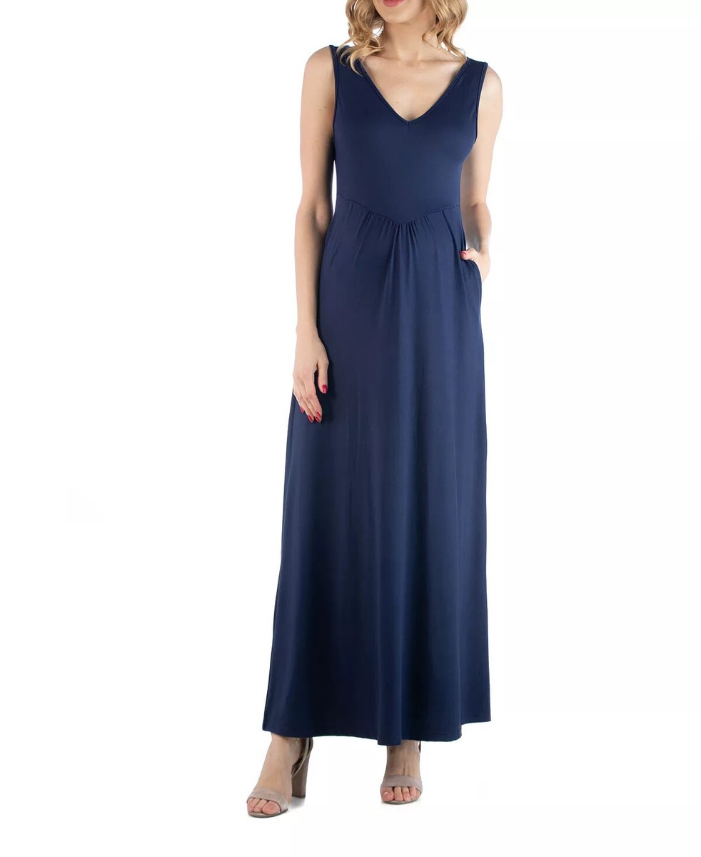24seven Comfort Apparel Maxi Maternity Sleeveless Dress with Pockets - Navy - Size L