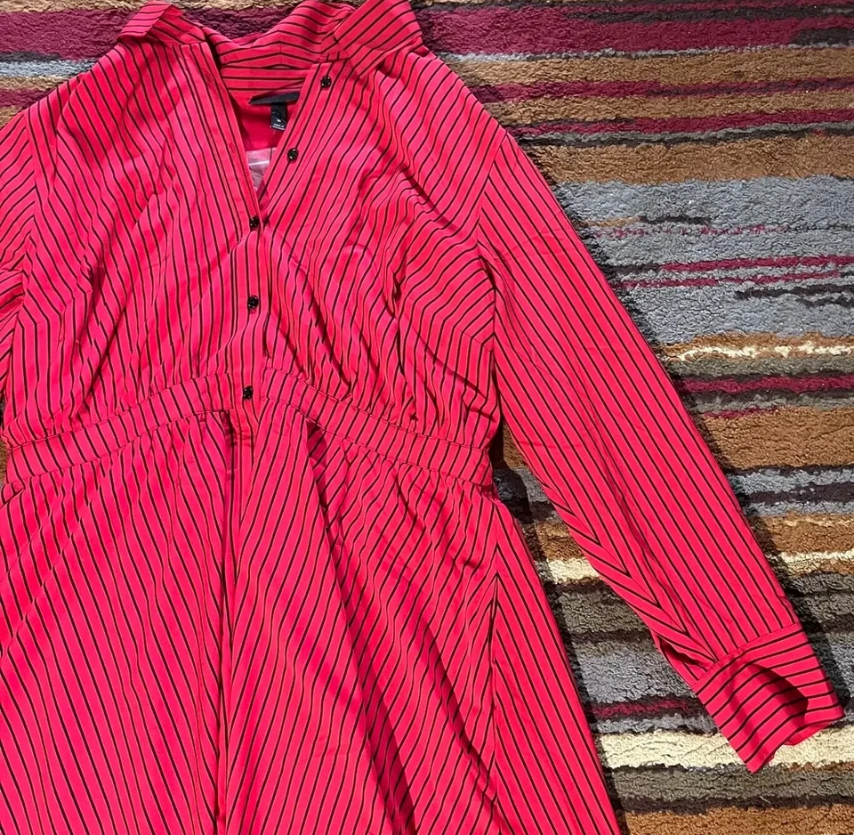 Vestido Camisa Midi Lane Bryant Glamour Mujer Talla Grande 20 Rojo Negro Rayas Foto 4 de 4