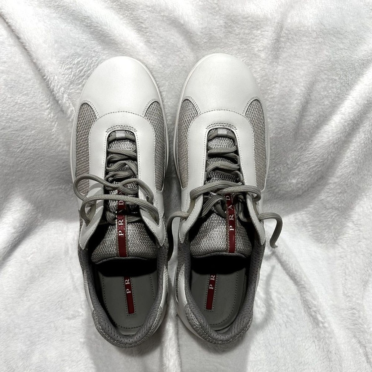 PRADA White and Silver Leather Americas Cup Sneaker Size 12 4E1366