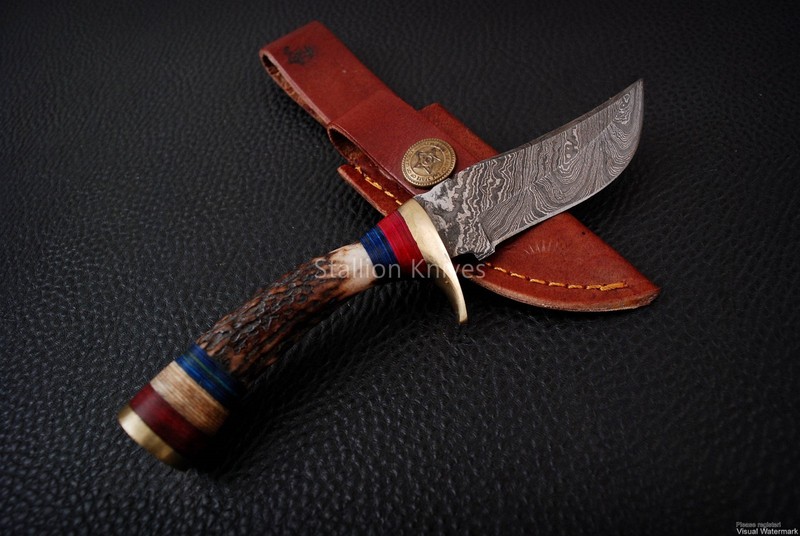 6’’ Handmade Damascus Steel Hunting/Camping Sharp Stag/Antler Knife with Sheath