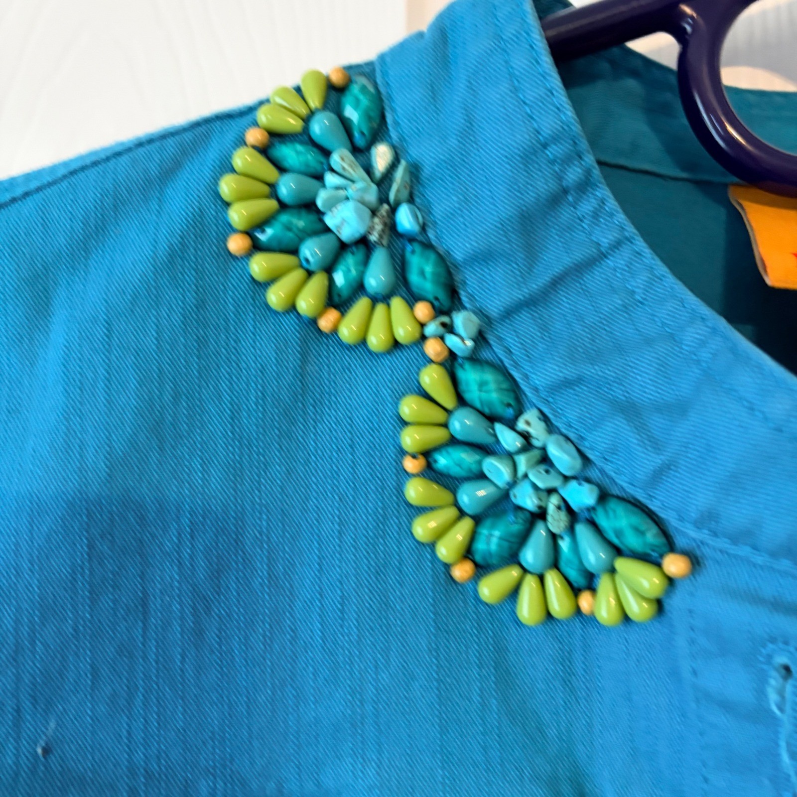 Ruby Rd Turquoise Beaded Collar Button Front Jack… - image 4