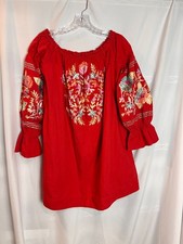 Women's Red Embroidered Bohemian Off shoulder long slv Dress/Tunic Size S