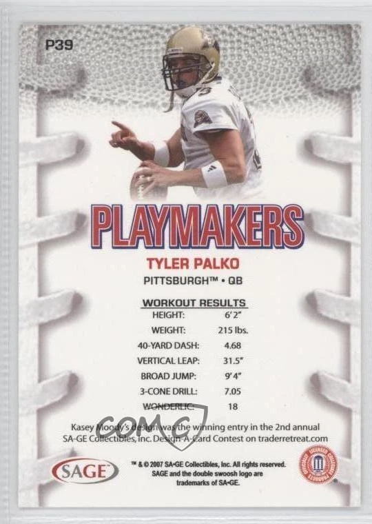 2007 SAGE Hit Playmakers Blue Tyler Palko #P39 Rookie RC - Image 2 of 2