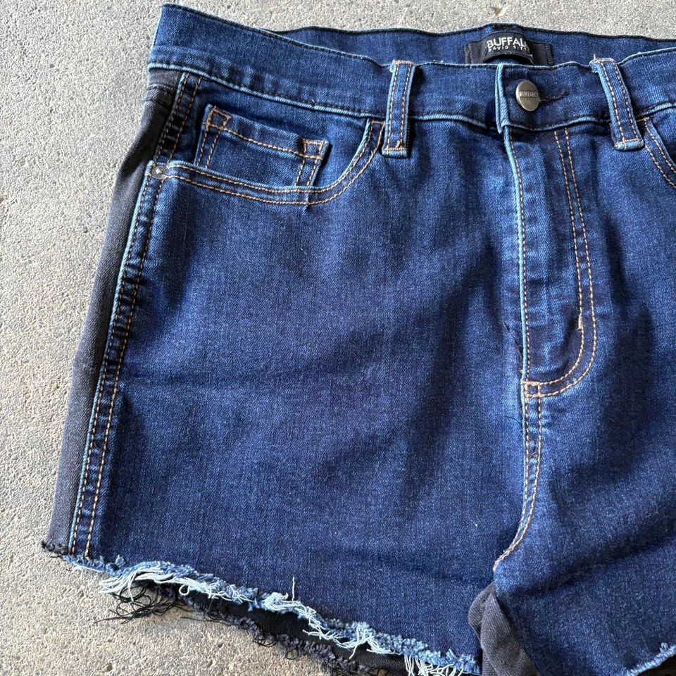 Cut Off Denim Jean Shorts Size 30 Blue Black High Waist Buffalo Stretch 2" - Image 2 of 4