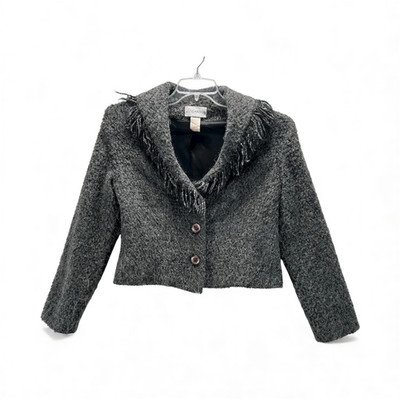 Vintage Gantos Gray Boucle Cropped Jacket Fringe Collar, Textured Wool Blend 8
