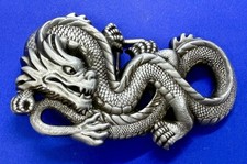 Mystical Chinese Dragon Mythology Figural Cutout Silver Tone Belt Buckle