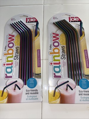 Set Of TWO - Joie MSC Rainbow Stainless Steel Straws 6pcs W/ Cleaning Brush New