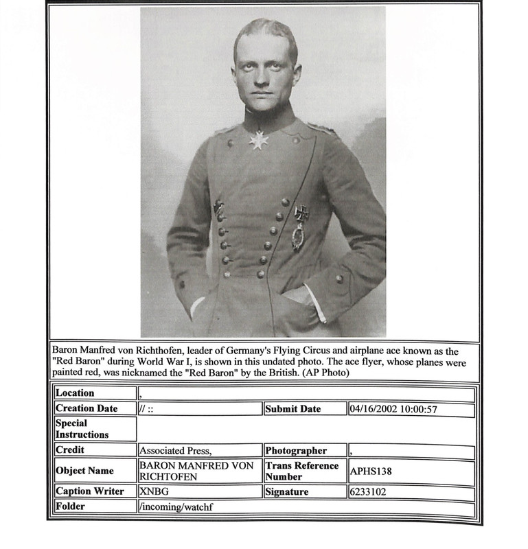 Red Baron - German WWl Ace AP Press Release Photo - Manfred von Richthofen