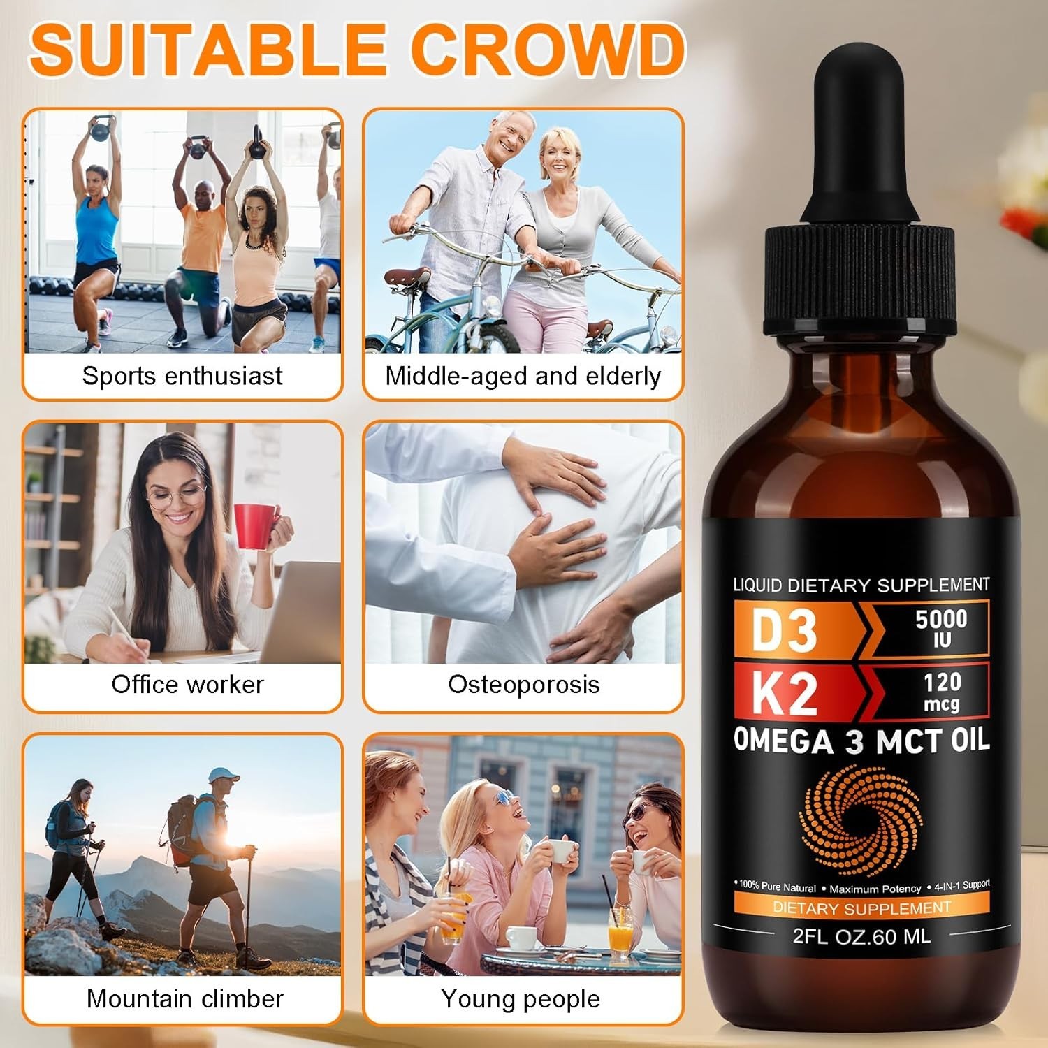 Liquid Vitamin D3 K2 5000 iu & 120 mcg - Vitamin D with MK7 Vitamin K2 Drops - B