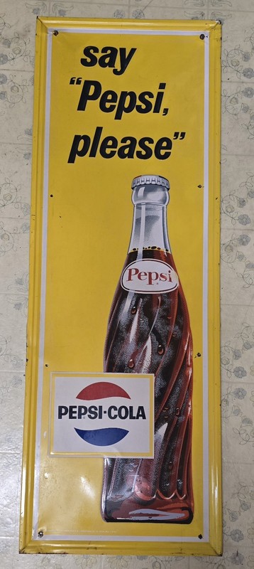 1960s Vintage PEPSI COLA SAY PEPSI PLEASE ADVERTISING SIGN Gas Station Store 