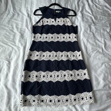 Jade Melody Women's Sleeveless Cream Lace Trim Tiered Dress Navy Blue, Size S