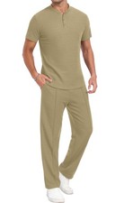 Men's Short Sleeve Outfits Waffle Knit Henley Shirt and Pants Set Casual 2 Pi...
