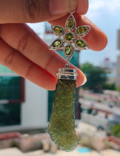Natural Rough Moldavite Gemstone Pendant Sterling Silver Peridot Flower Jewelry