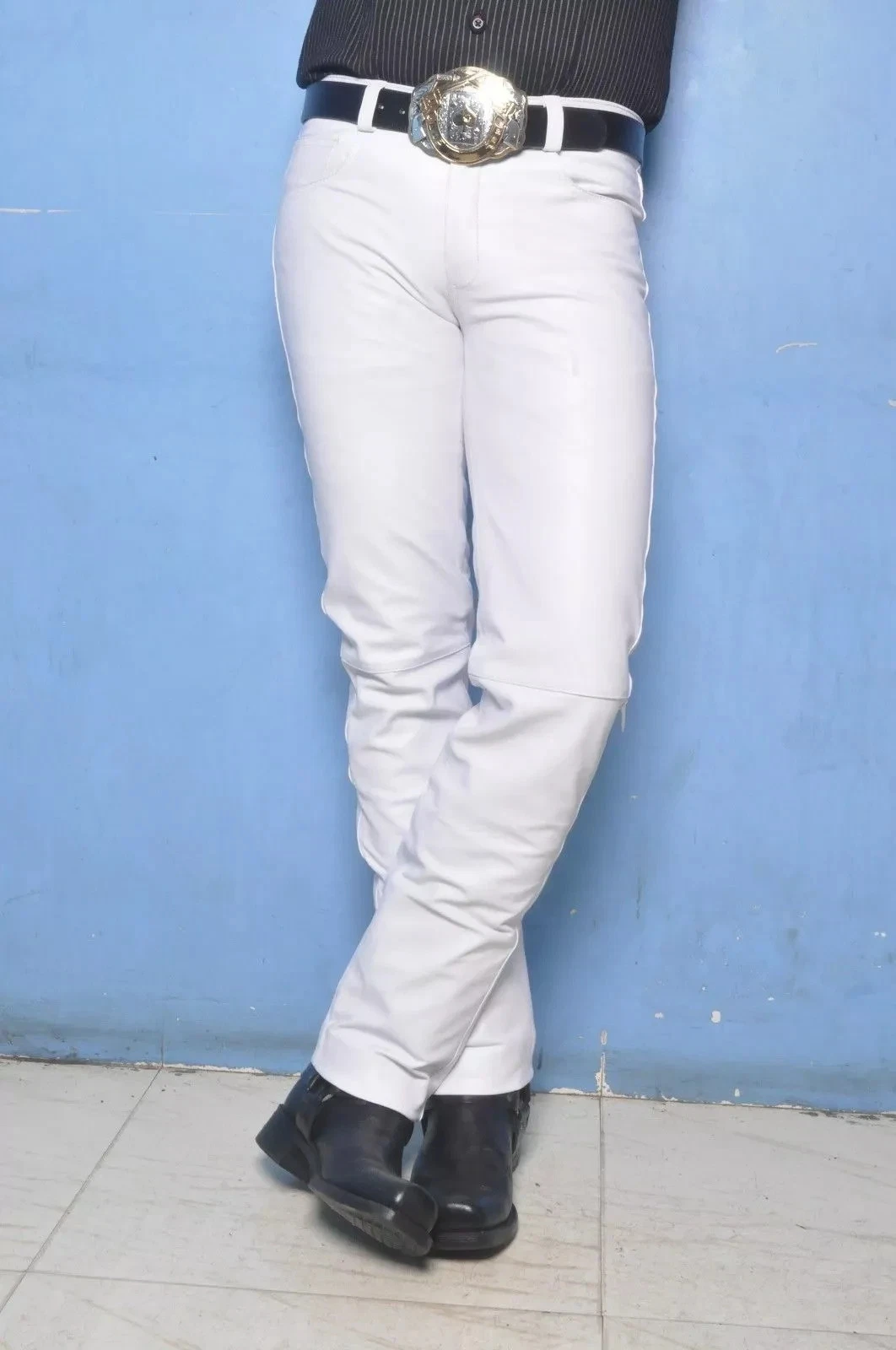 New Men's White Leather Pant 100% Real Lambskin Stylish Slim Fit Moto Biker Pant