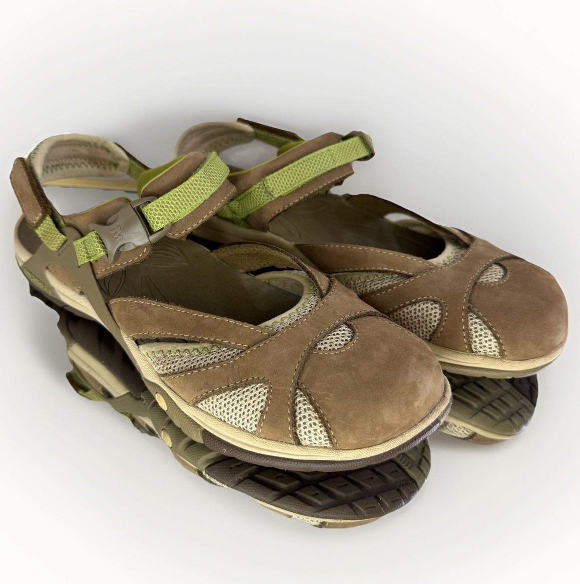 Sandali Merrell donna taglia 10 lontra marrone e verde punta chiusa performance escursionismo