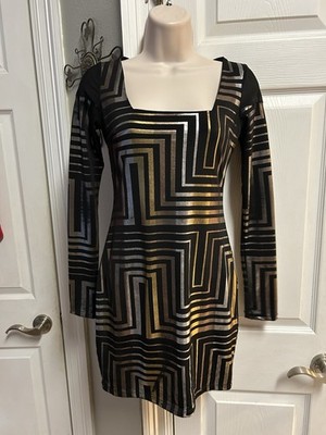 Bebe Addiction Bodycon Dress XS Geo Metallic Black Gold Bling Party Festival LS