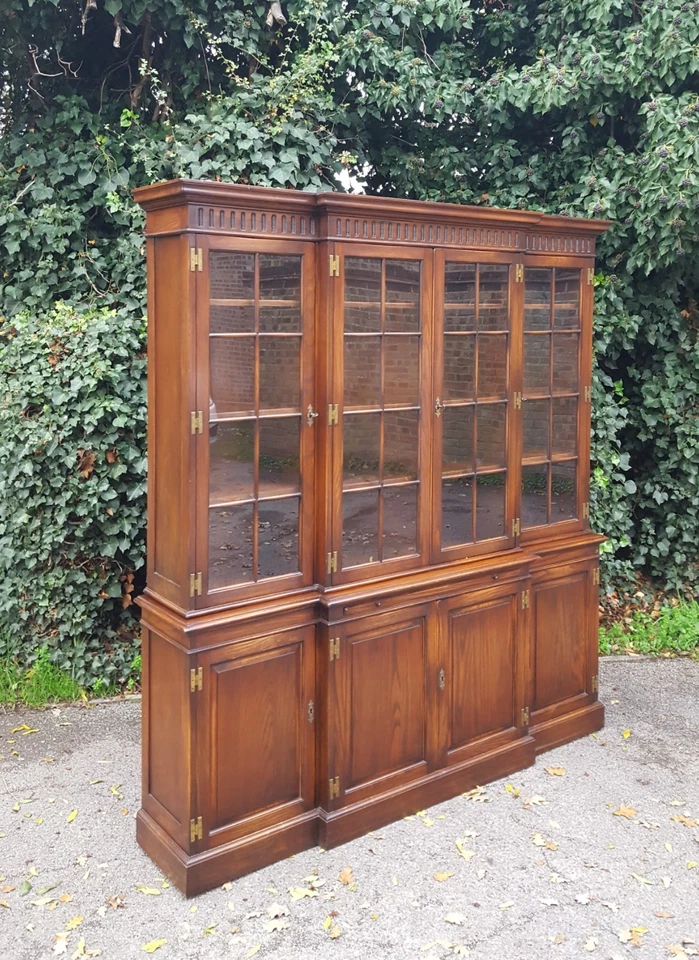 ANTIQUE SOLID OAK BREAKFRONT LIBRARY BOOKCASE PAIR AVAILABLE - Image 3 of 4