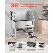 VEVOR 38 Inch Stainless Steel Dog Washing Station, Pet Grooming Tub with Hot & C