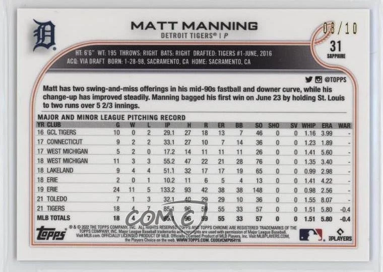 2022 Topps Chrome Sapphire Edition Purple /10 Matt Manning #31 Rookie RC - Image 2 of 2