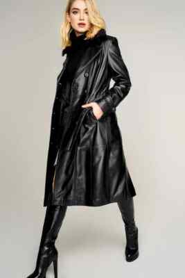 Stylish Long Coat Real Lambskin Women Trench Coat Leather Handmade Formal Casual