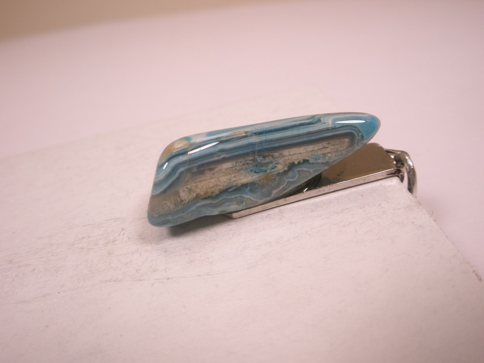 11/8" Blue & White Veined Agate Stone Vintage SMALL TINY Tie Bar Clip
