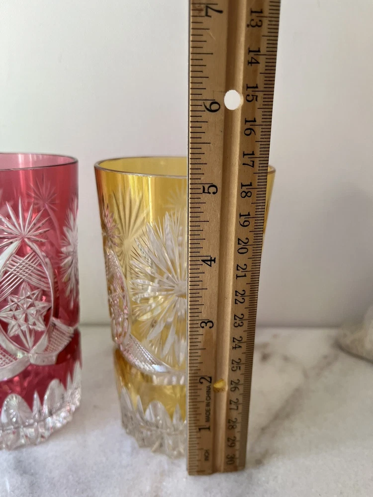 Tumbler glass Blue Red Yellow Green Hand Cut Glasses Set Of 4