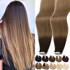 60PCS Tape In Russian Remy Thick Human Hair Extensions Skin Weft Straight Ombre