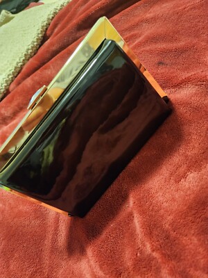 Natasha Couture Box Clutch Purse Black and Gold 6'' By 5  By 2  With Gold Chain
